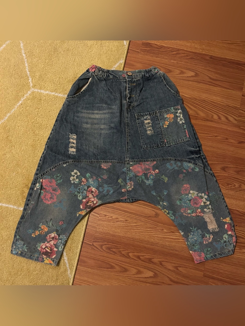 Korean Floral Patchwork Denim Harem Pants